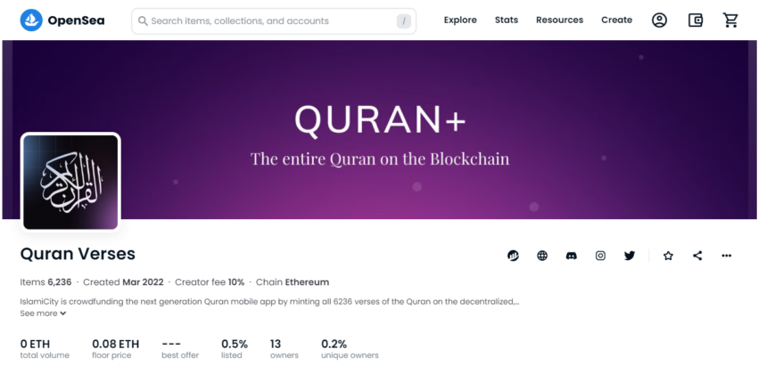 Laman akun OpenSea NFT Al-Quran IslamiCity