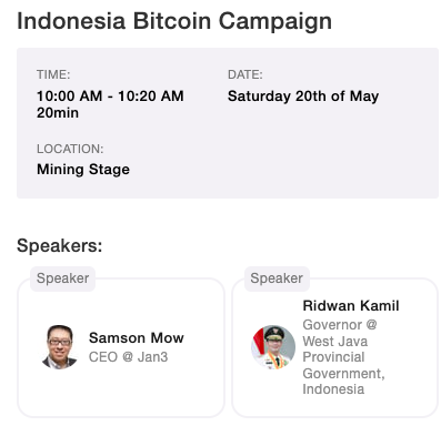 Gubernur Jawa Barat, Ridwan Kamil, satu panggung dengan Samson Mow, CEO Jan3 di Bitcoin 2023 Conference