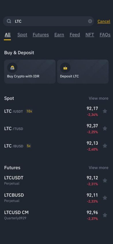 Cari token Litecoin untuk beli LTC dengan Rupiah di Binance. Sumber: Binance