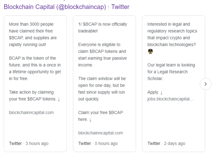 Tangkapan layar unggahan dari akun X Blockchain Capital saat diretas | Sumber: Penelusuran Google oleh Redaksi BeInCrypto