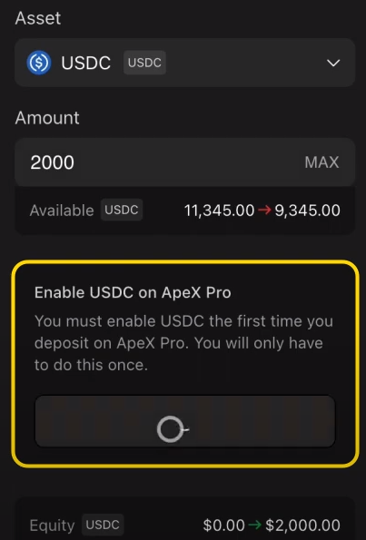 Konfirmasi untuk aset USDC di ApeX Pro