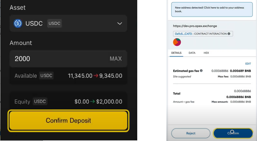 Confirm Deposit di ApeX Exchange Pro dan di wallet crypto milikmu (MetaMask)
