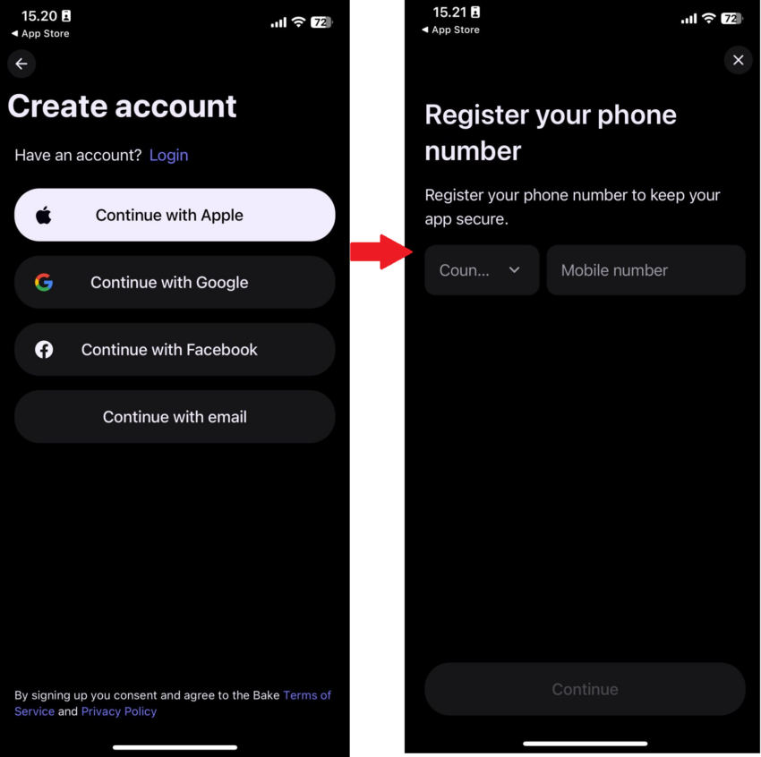 Langkah pendaftaran di aplikasi Bake.io
