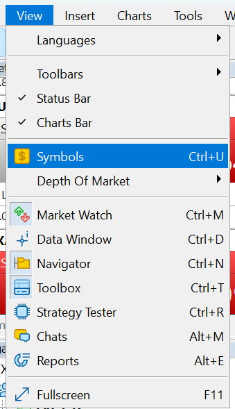Klik Symbols di menu View untuk memilih pasangan trading Synthetics Assets