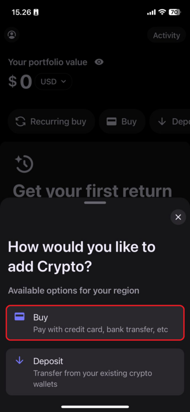 Buy atau Deposit untuk melakukan penambahan aset crypto di Wallet Bake