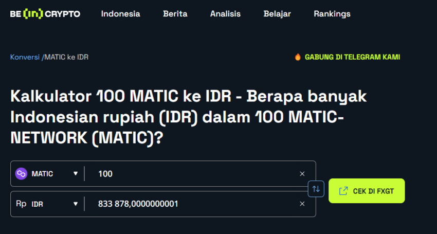 Fitur konversi harga Polygon (MATIC) ke rupiah | Sumber: BeInCrypto
