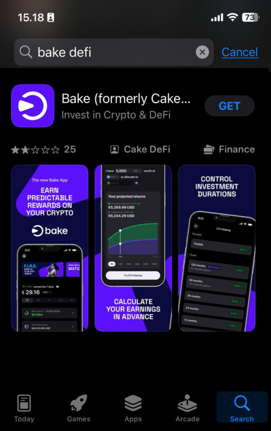 Download aplikasi Bake Defi (Cake Defi) di Apple Store dan Google Play