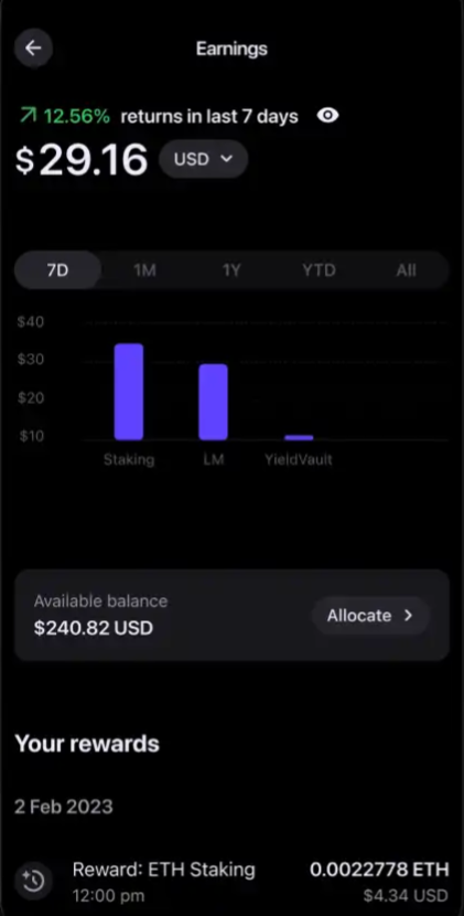 Pantau imbal hasil dari investasi crypto staking, mining atau yield farming melalui portofolio di Bake