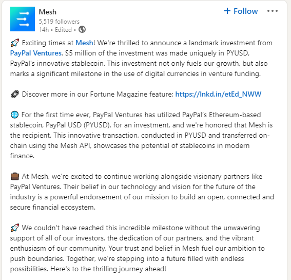 Pengumuman pendanaan yang diterima Mesh dari PayPal Ventures | Sumber: LinkedIn