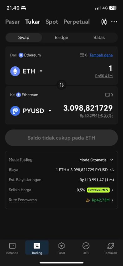 Tukar/ Swap PYUSD melalui jaringan Ethereum di OKX Wallet.