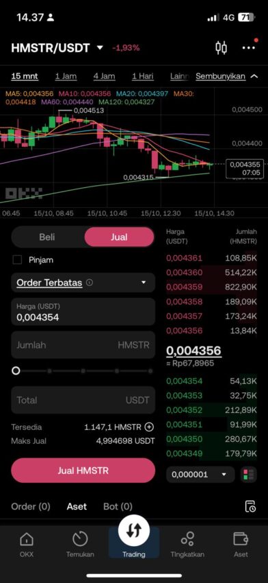 Menu Trading di OKX untuk jual token HMSTR dan konversi ke Rupiah