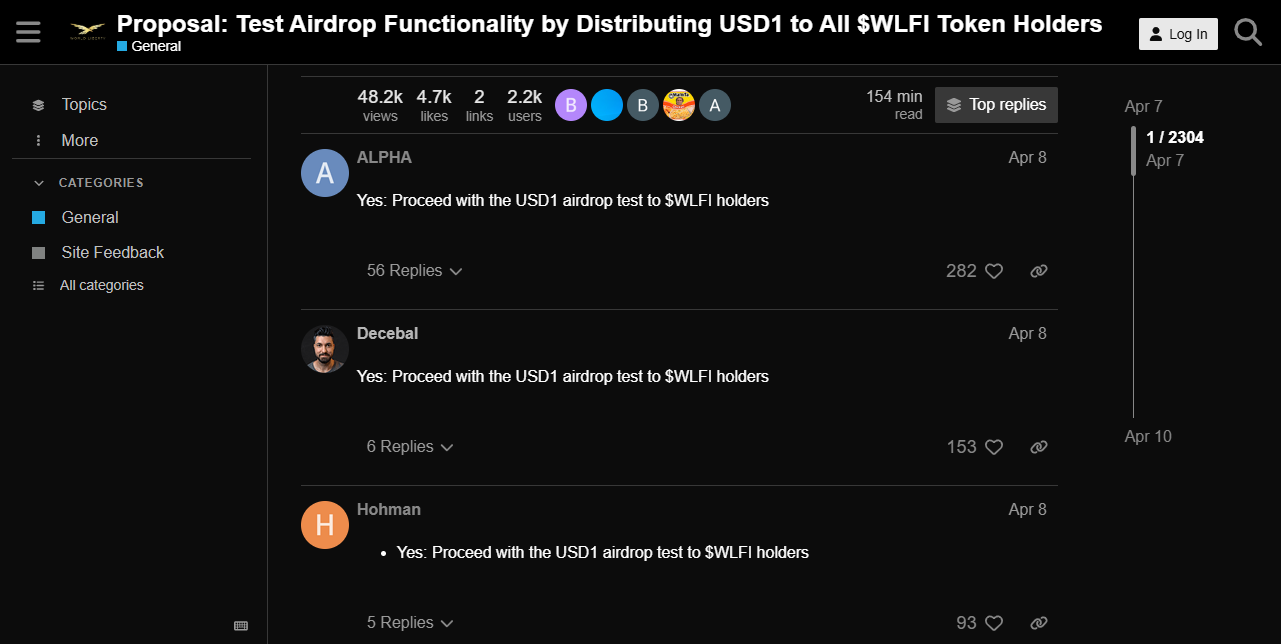 Respon komunitas terhadap proposal airdrop USD1