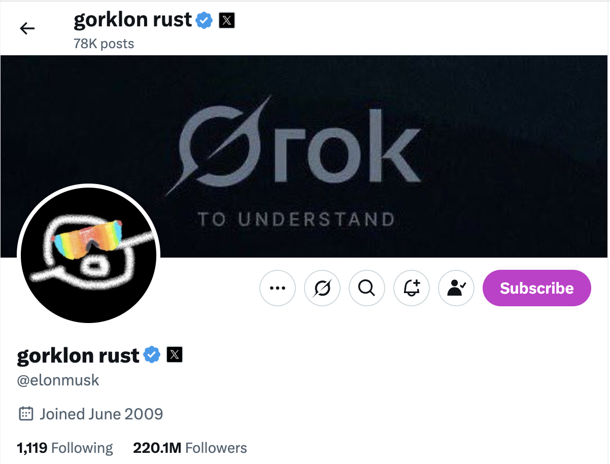 Perubahan Nama Pengguna Elon Musk menjadi Gorklon Rust
