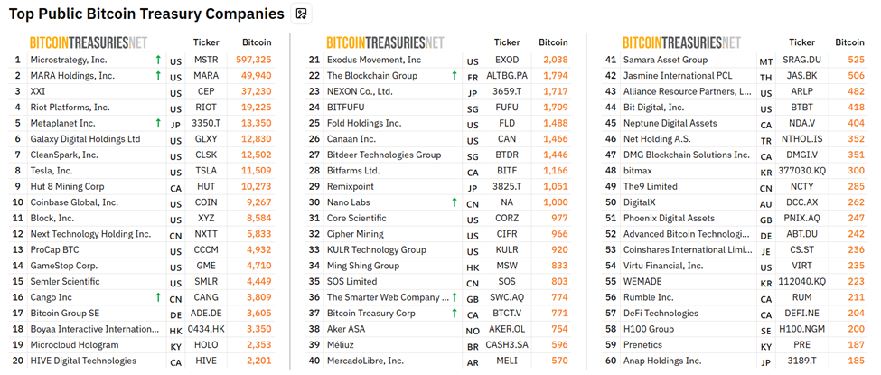 Top public Bitcoin treasury companies