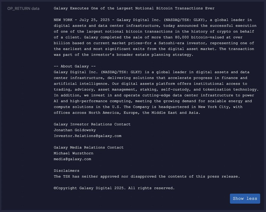 Pesan Tertanam Galaxy Digital di Jaringan Bitcoin.