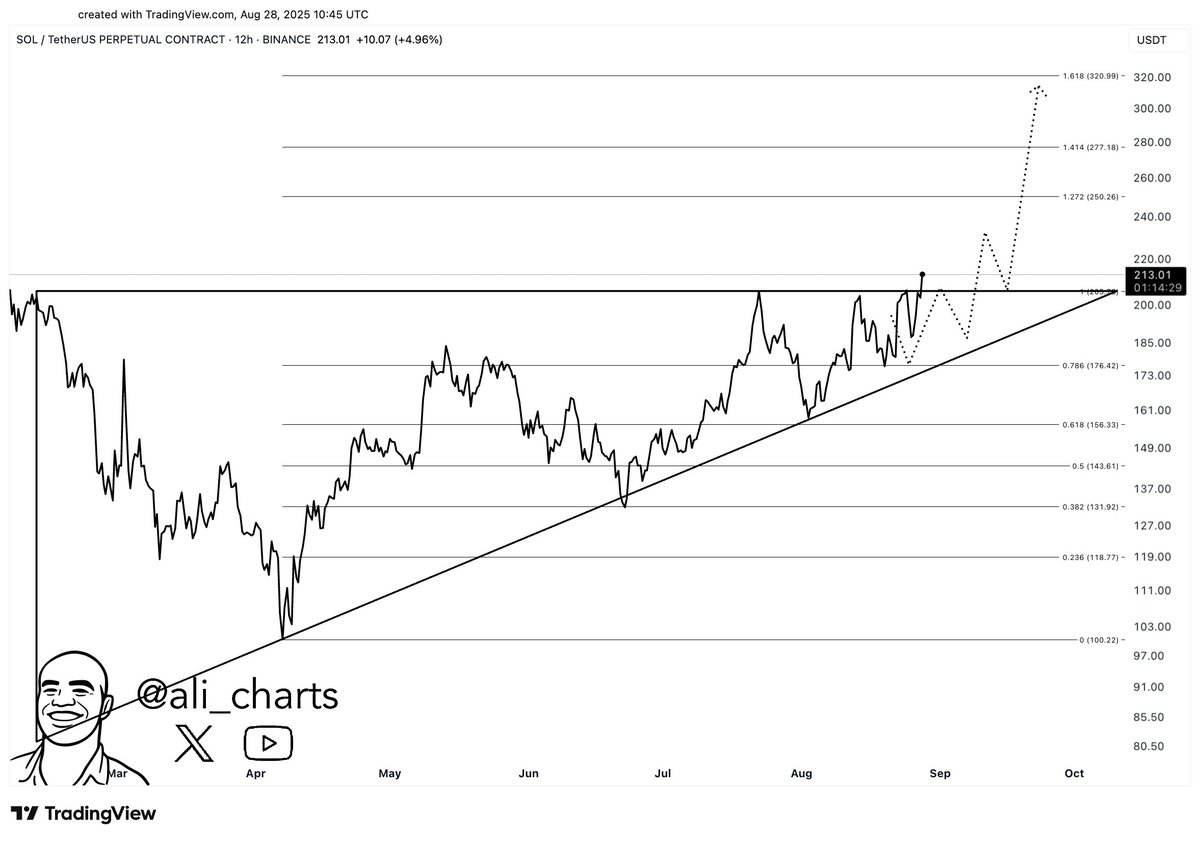 Grafik harga SOL pada kerangka waktu 12 jam. Sumber: Ali on X